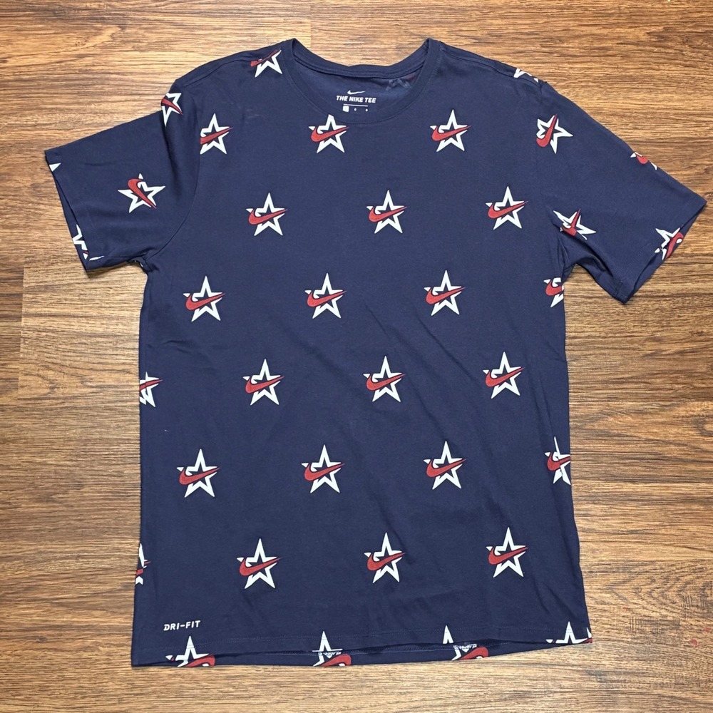 Nike Americana All-Over Print Stars & Swoosh T-Shirt Navy Mens L Dri-FIT